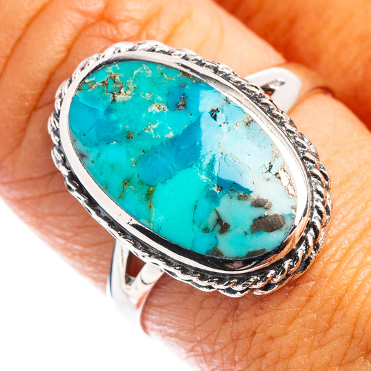 Oval turquoise gemstone ring, .925 sterling silver, size 8.75, close-up