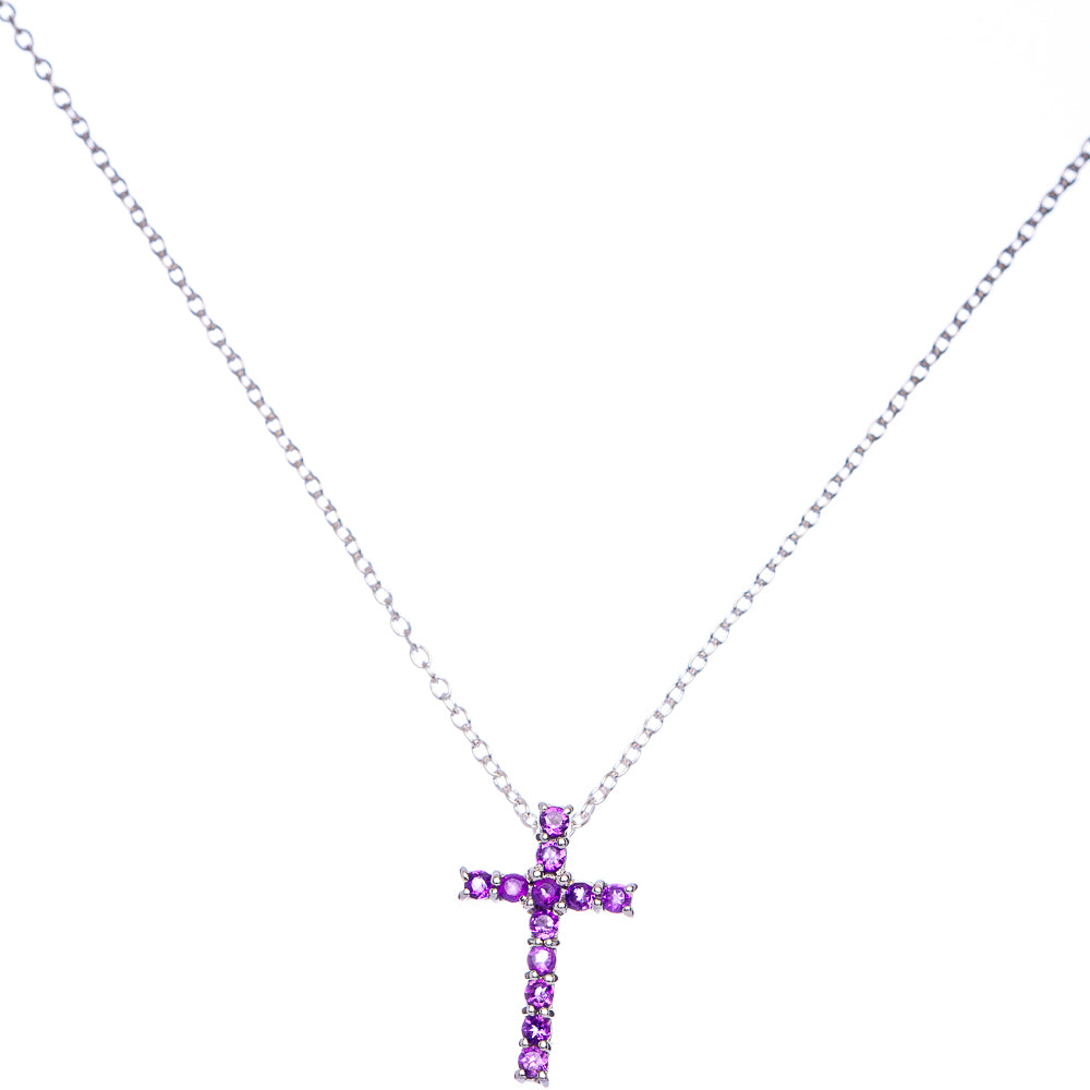 Faceted Amethyst Cross Necklace 18" (925 Sterling Silver) N90067