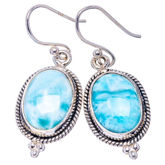 Sterling silver Larimar oval cabochon drop earrings, textured rope bezel and hooks