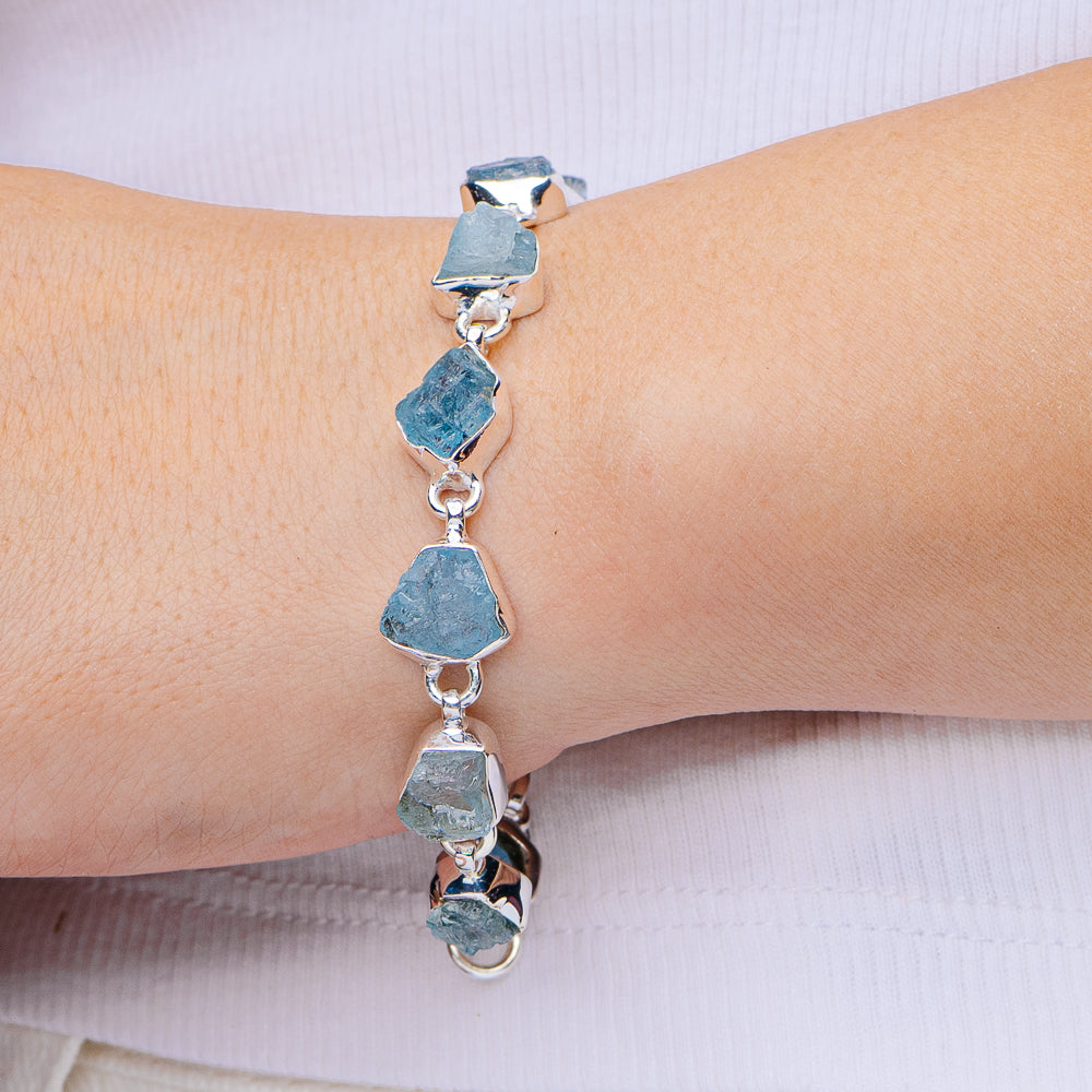 Raw Aquamarine Bracelet 6 to 8" (.925 Sterling Silver)