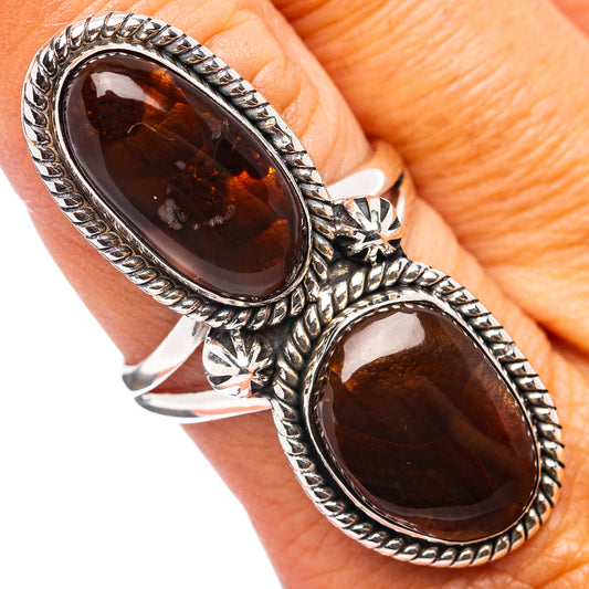 Oval fire agate double-stone sterling silver ring with ornate rope bezel, size 9
