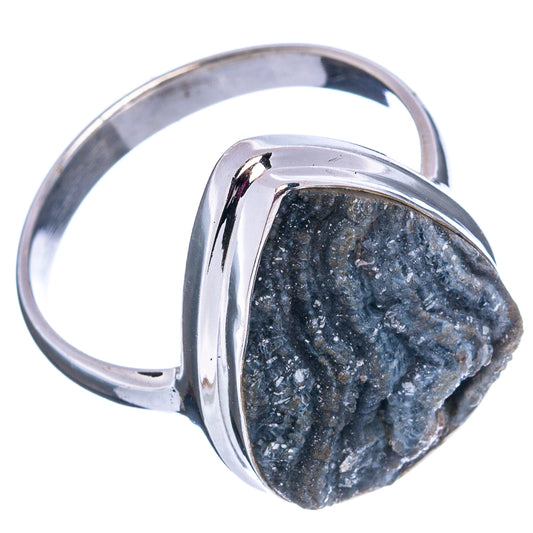 Sterling silver ring with dark druzy teardrop gemstone, side view, size 11