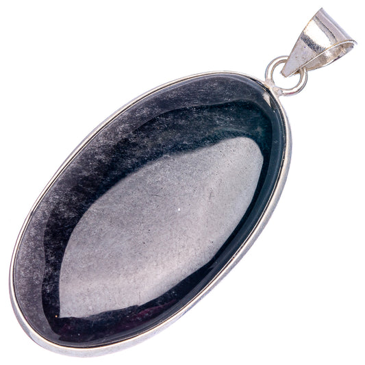 Silver-plated obsidian oval pendant with dark stone cabochon and hinged bail