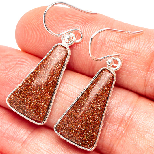 Goldstone triangle drop earrings with glittered brown-red stone on silver hooks