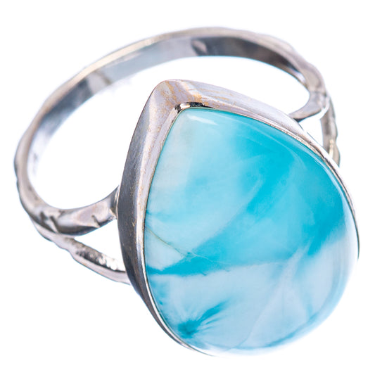 Larimar oval ring in .925 sterling silver, size 8.25, side view of blue stone bezel