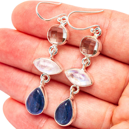 Premium Kyanite, Rainbow Moonstone, White Quartz Earrings 2 1/8" (.925 Sterling Silver)