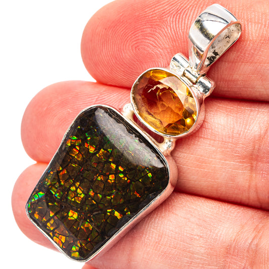 Sterling silver citrine and ammolite pendant, oval orange top and multicolor stone