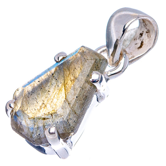 Labradorite pendant with faceted stone and silver prong frame, round loop bail