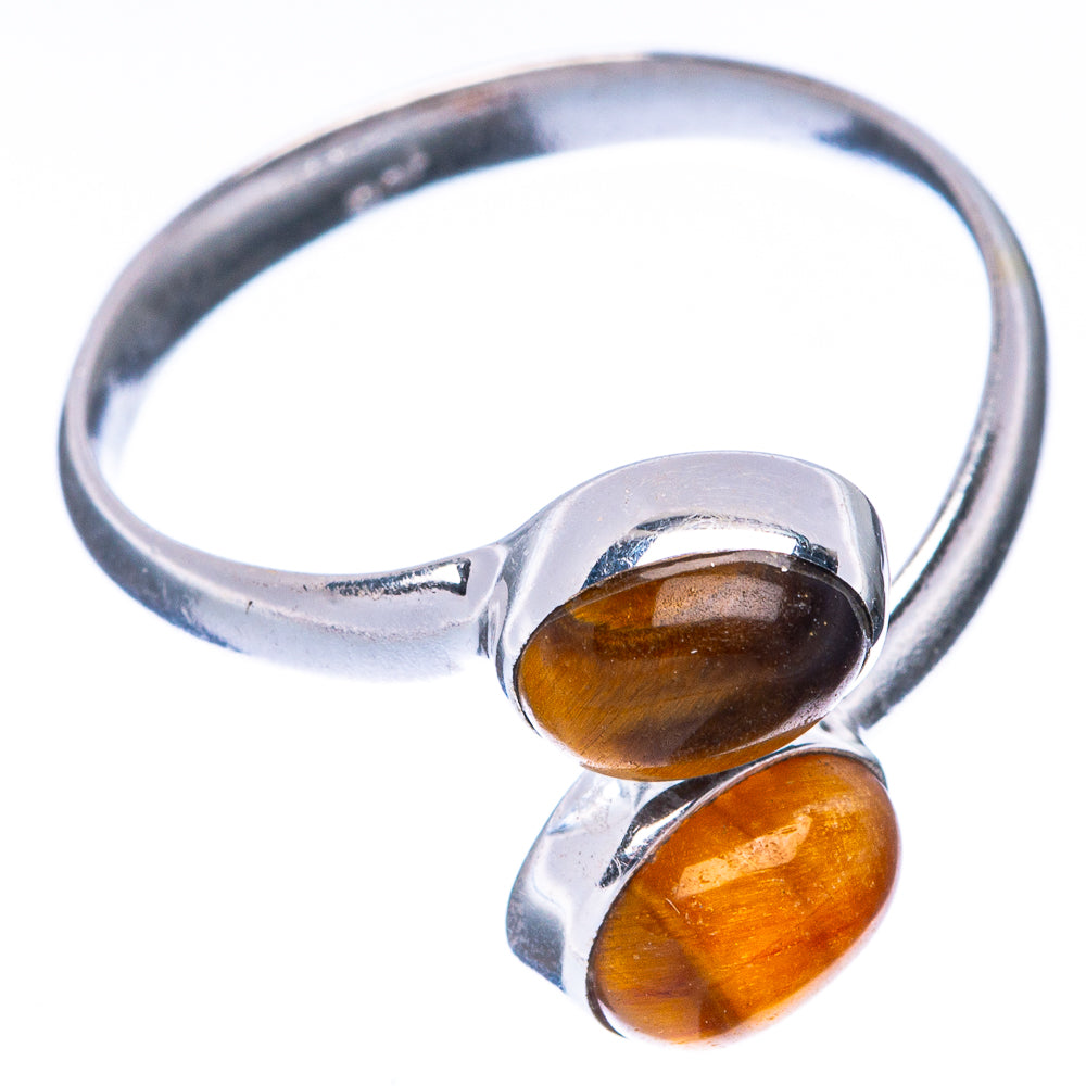 Sterling silver dainty ring with two oval tiger eye cabochons, adjustable band