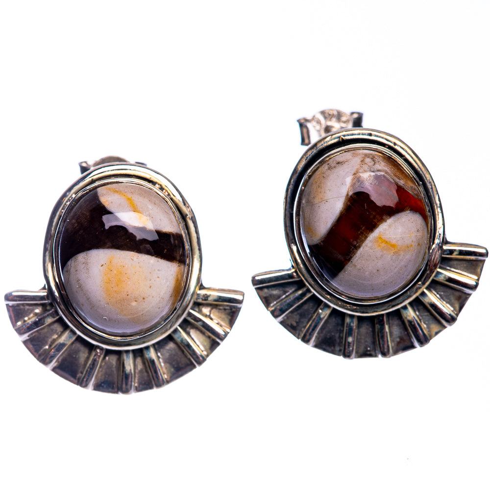 Oval jasper stud earrings in 925 sterling silver sunburst setting with post backs