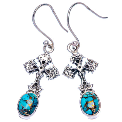 Blue Copper Composite Turquoise Cross Earrings 1 5/8" (925 Sterling Silver) E433299