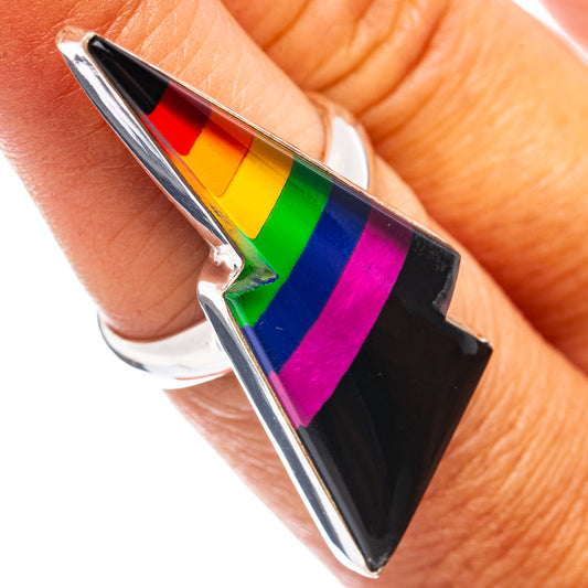 Sterling silver rainbow bolt ring with prismatic inlay on finger, size 7