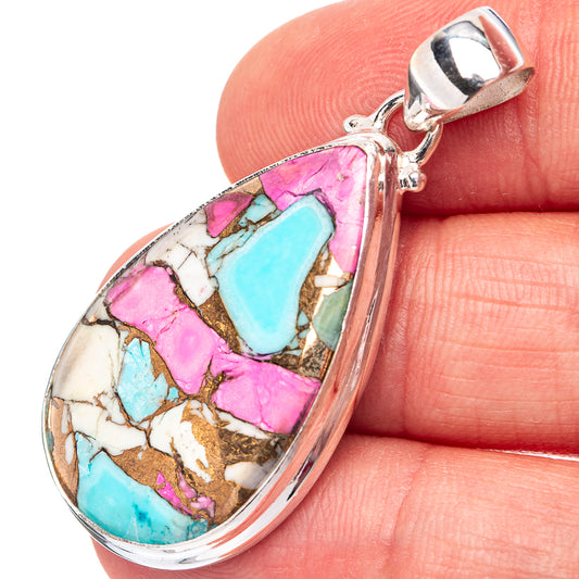 Teardrop inlay pendant in .925 sterling silver with pink and turquoise stone