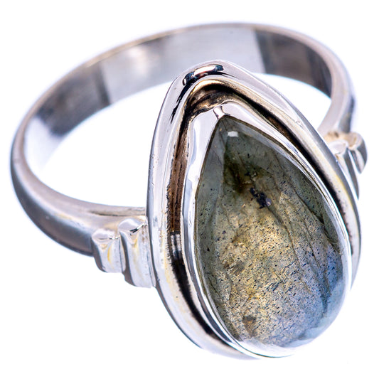 Oval labradorite ring, .925 sterling silver, dark stone with mottled green-gray sheen