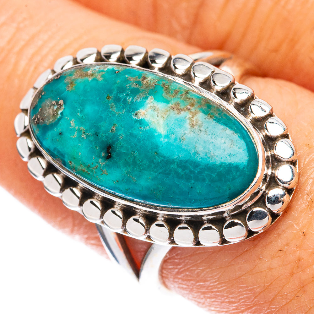 Size 8 oval turquoise cabochon 925 sterling silver ring with raised beaded gallery