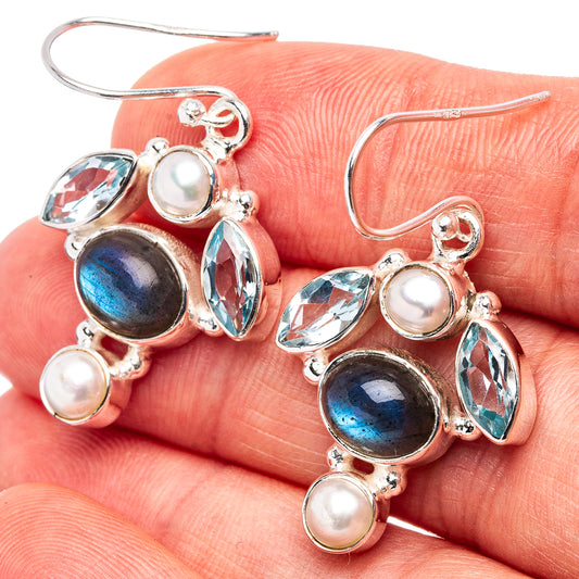 Sterling silver drop earrings with labradorite, blue topaz, and pearls