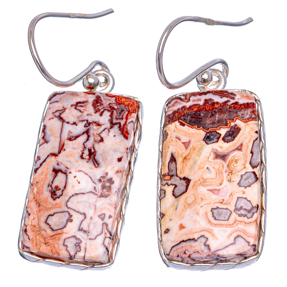 Sterling silver crazy lace agate drop earrings, rectangular stones with orange and cream veining