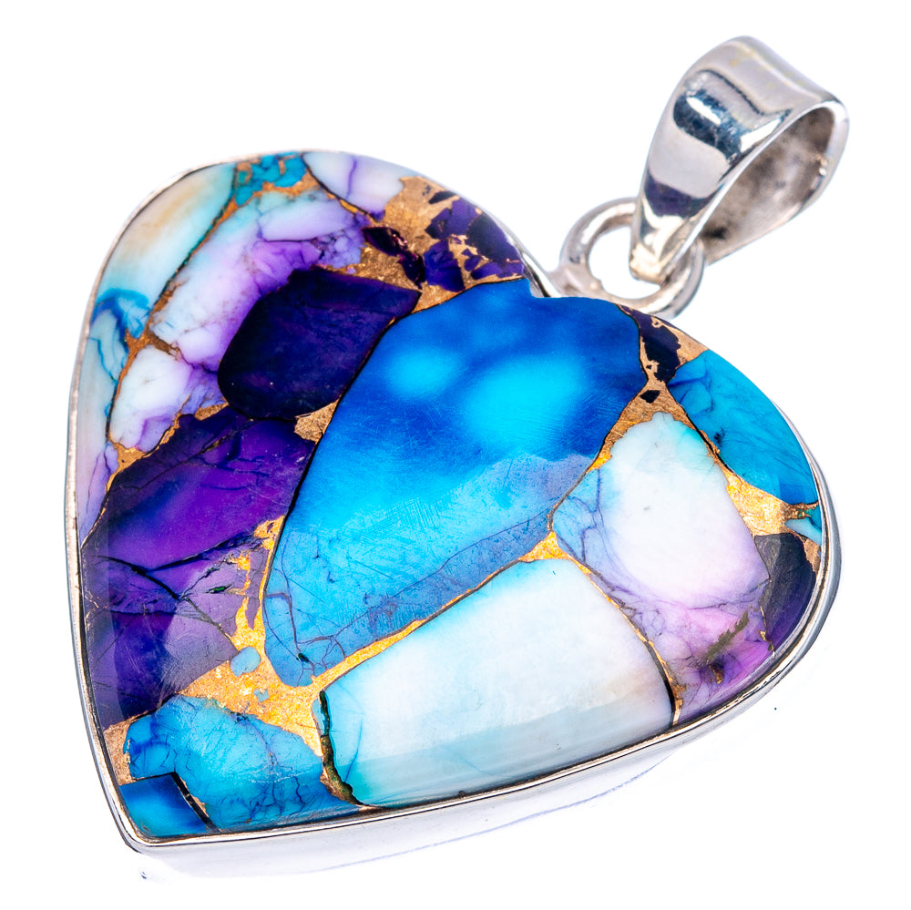 Premium Purple Dahlia Turquoise Heart Pendant 1 3/8" (.925 Sterling Silver)