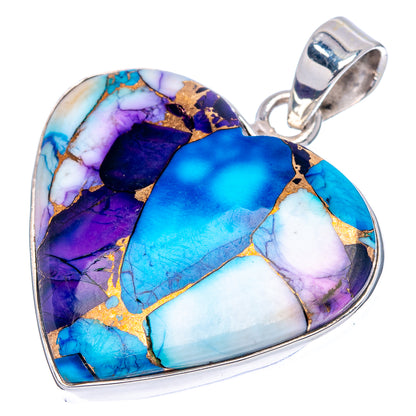 Premium Purple Dahlia Turquoise Heart Pendant 1 3/8" (.925 Sterling Silver)