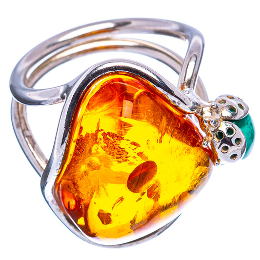 Heart amber ring with ladybug charm and green bead accent, silver band