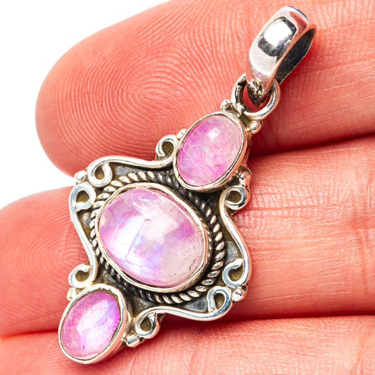 Sterling silver moonstone pendant with three oval pink cabochons, ornate bezel setting