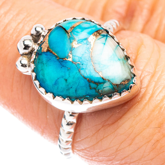 Turquoise oval gemstone ring in .925 sterling silver, bezel with small bead accents