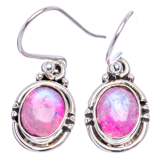 Sterling silver dangle earrings with round pink moonstone cabochons and curved fishhook wires