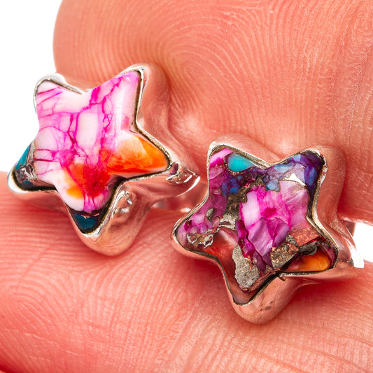 Sterling silver star earrings with pink purple enamel and small turquoise inlay