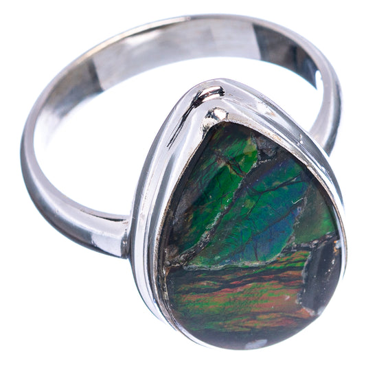 Sterling silver ammolite ring, oval setting with green iridescent stone
