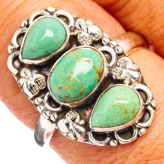Turquoise stone oval ring, three green/teal stones in ornate .925 sterling silver setting