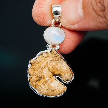 Premium Picture Jasper Horse, Rainbow Moonstone Pendant 1 3/4" (.925 Sterling Silver)