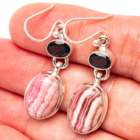 Sterling silver drop earrings with oval rhodochrosite and dark garnet accents