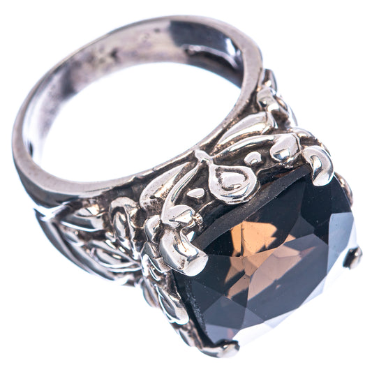 Smoky quartz ring in .925 sterling silver with carved band and dark faceted stone