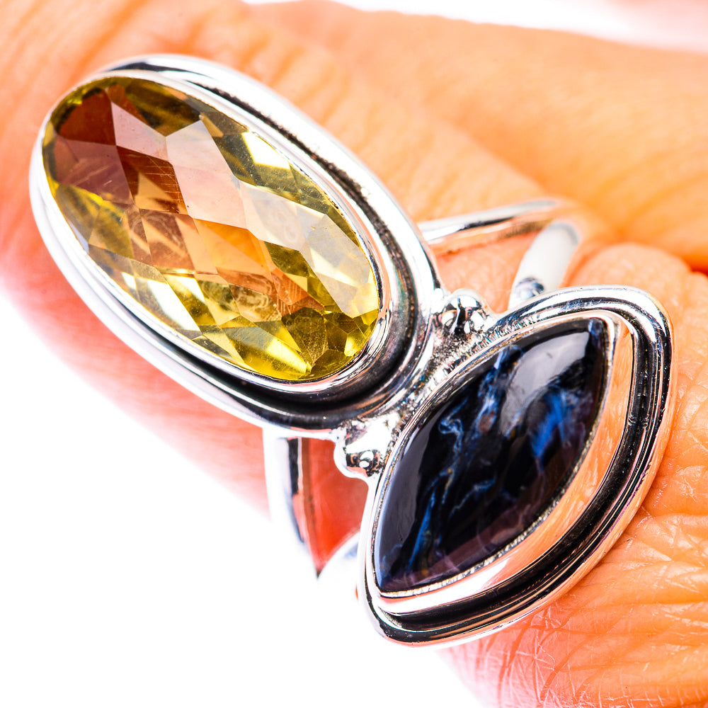 Sterling silver oval faceted citrine and blue pietersite cabochon ring