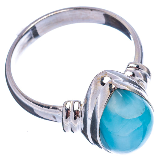 Sterling silver ring with sky-blue oval larimar gemstone, angled side view