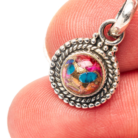 Teardrop 925 sterling silver pendant with pink cabochon, turquoise inlays, bail loop