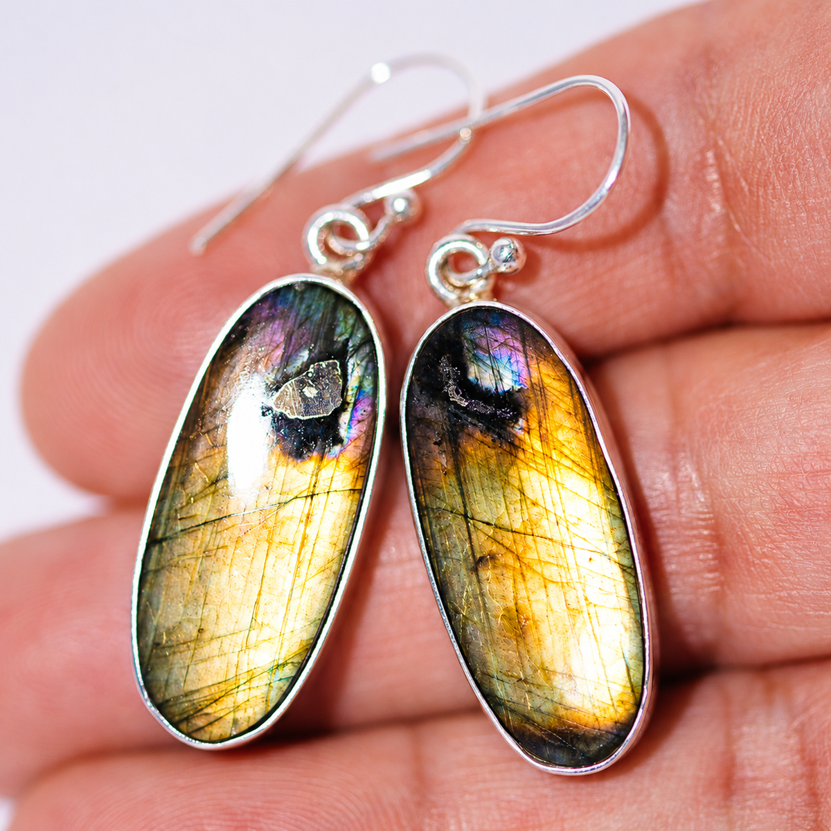 Premium Spectrolite Earrings 1 3/4" (.925 Sterling Silver)