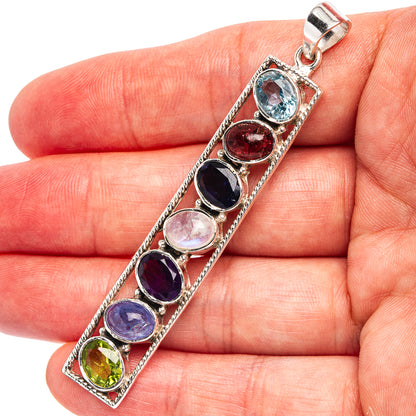 Signature Blue Topaz, Pink Tourmaline, Iolite, Rainbow Moonstone, Amethyst, Tanzanite, Peridot Pendant 2 3/4" (.925 Sterling Silver)