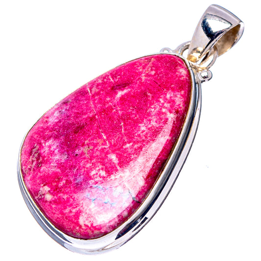 Sterling silver teardrop thulite pendant with bright pink stone and white veining.
