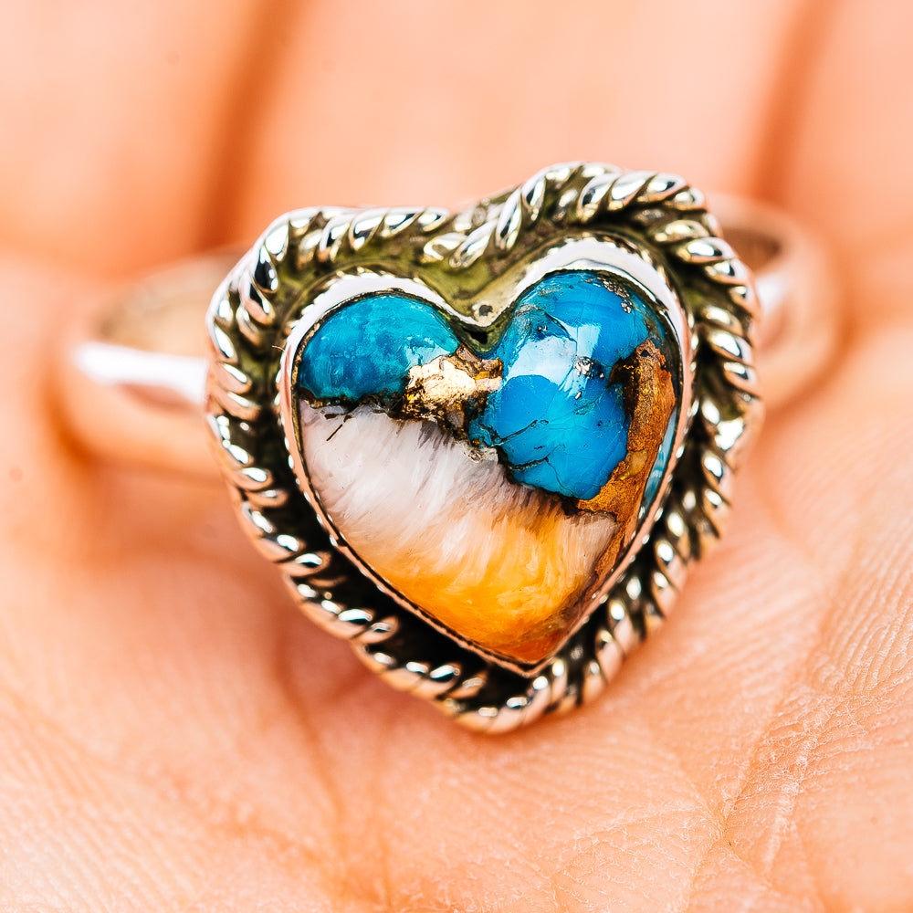 Southwestern Style Spiny Oyster Turquoise Heart Ring Size 8 Adjustable (.925 Sterling Silver)