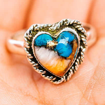 Southwestern Style Spiny Oyster Turquoise Heart Ring Size 8 Adjustable (.925 Sterling Silver)