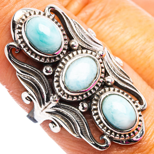 Rare larimar ring with three oval blue Larimar cabochons in ornate .925 silver