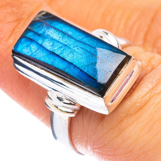 Rectangular labradorite ring in .925 sterling silver with blue iridescent stone bezel