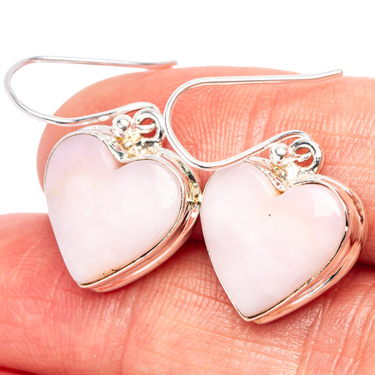 Pink heart opal earrings close-up, .925 sterling silver heart bezels and hooks