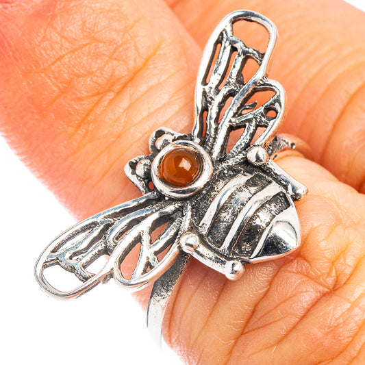 Bee dainty ring in .925 sterling silver with amber orange cabochon
