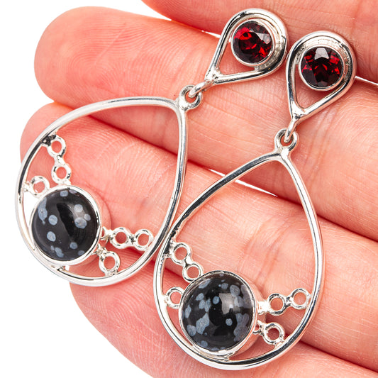 Sterling silver teardrop earrings with red garnet and dark obsidian stones