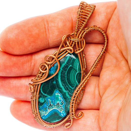 Malachite In Chrysocolla Wire Wrap Pendant 2 5/8" (Copper)