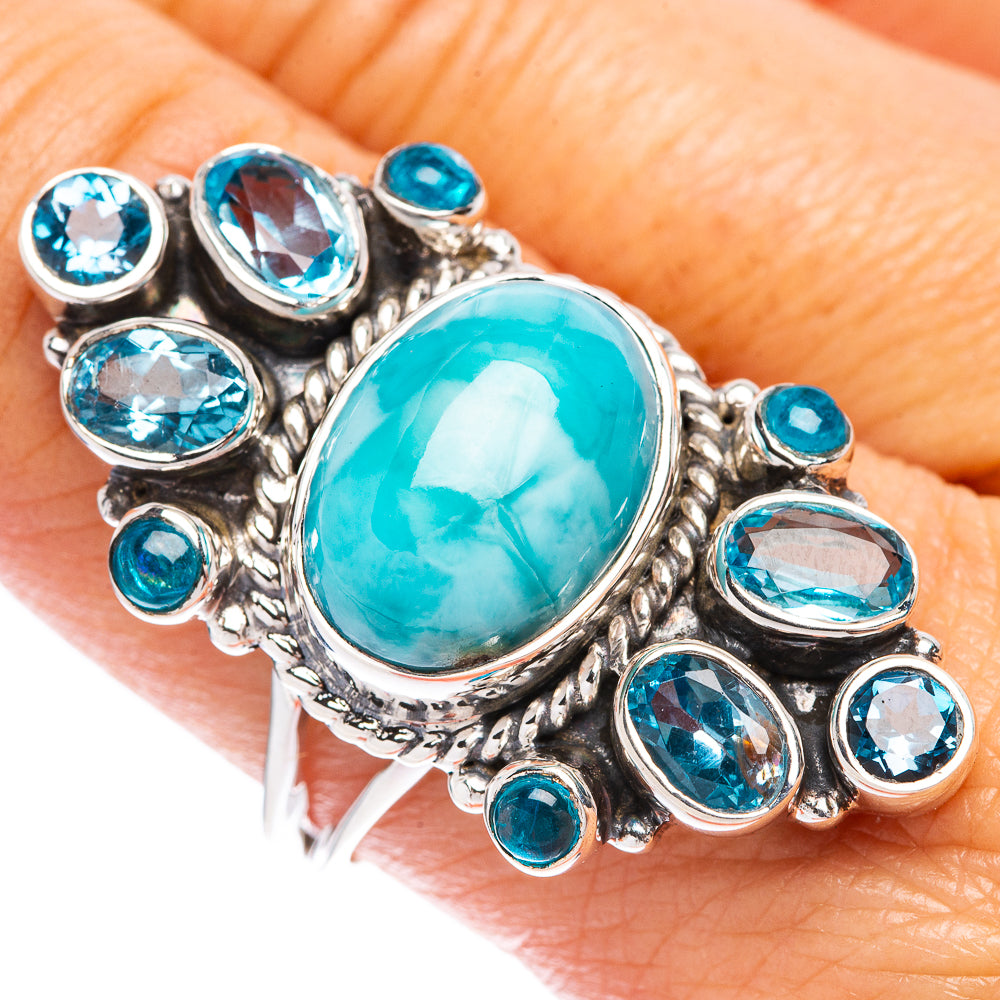 925 sterling silver larimar and blue topaz oval ring, turquoise stone center