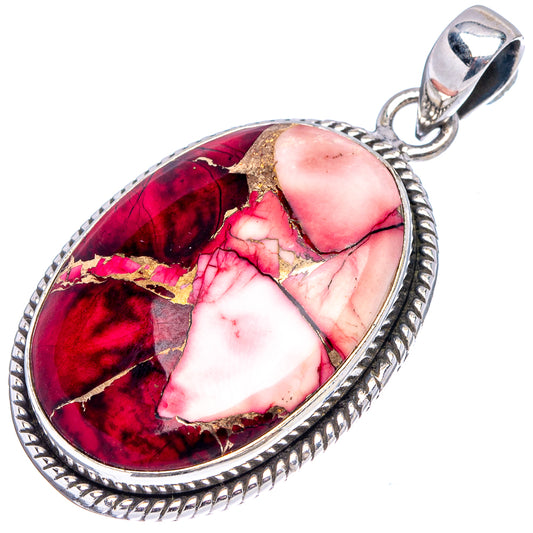Oval red and pink inlay gemstone pendant with rope-edged .925 silver bezel and bail