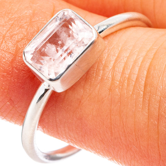 Square morganite gemstone ring in .925 sterling silver, shown on finger close-up